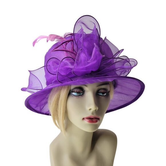 Accessories - Purple Dress Hat Crushable Packable Deep Purple Satin Band and Pink Feathers